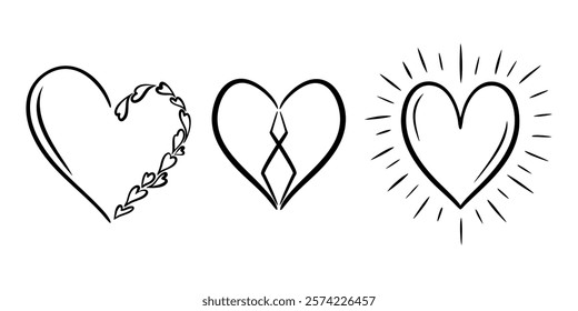 Vector heart illustrations set in line art style. Graphic monochrome drawing. Hand drawn heart outline sketch, ink illustration. Design element for wedding invitation, Valentines day, tattoo, logo