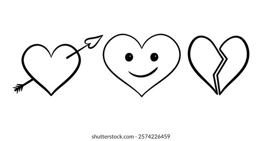 Vector heart illustrations set in line art style. Graphic monochrome drawing. Hand drawn heart outline sketch, ink illustration. Design element for wedding invitation, Valentines day, tattoo, logo