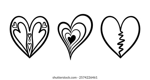 Vector heart illustrations set in line art style. Graphic monochrome drawing. Hand drawn heart outline sketch, ink illustration. Design element for wedding invitation, Valentines day, tattoo, logo