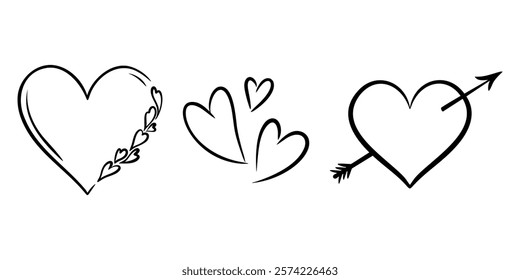 Vector heart illustrations set in line art style. Graphic monochrome drawing. Hand drawn heart outline sketch, ink illustration. Design element for wedding invitation, Valentines day, tattoo, logo