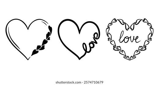 Vector heart illustrations set in line art style. Graphic monochrome drawing. Hand drawn heart outline sketch, ink illustration. Design element for wedding invitation, Valentines day, tattoo, logo