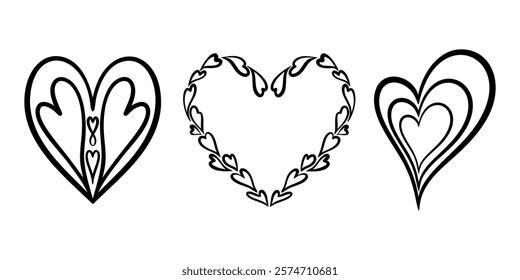 Vector heart illustrations set in line art style. Graphic monochrome drawing. Hand drawn heart outline sketch, ink illustration. Design element for wedding invitation, Valentines day, tattoo, logo