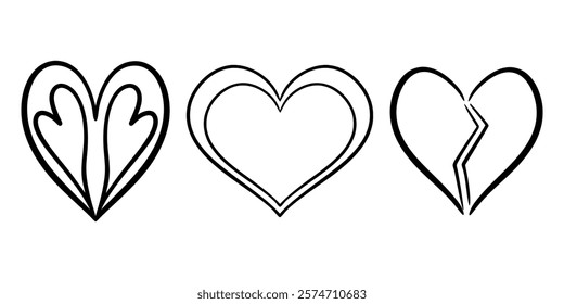 Vector heart illustrations set in line art style. Graphic monochrome drawing. Hand drawn heart outline sketch, ink illustration. Design element for wedding invitation, Valentines day, tattoo, logo