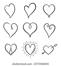 Vector heart illustrations set in line art style. Graphic monochrome drawing. Hand drawn heart outline sketch, ink illustration. Design element for wedding invitation, Valentines day, tattoo, logo