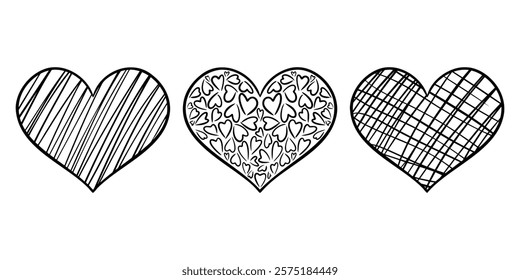 Vector heart illustrations set in line art style. Graphic monochrome drawing. Hand drawn heart outline sketch, ink illustration. Design element for wedding invitation, Valentines day, tattoo, logo