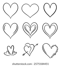 Vector heart illustrations set in line art style. Graphic monochrome drawing. Hand drawn heart outline sketch, ink illustration. Design element for wedding invitation, Valentines day, tattoo, logo