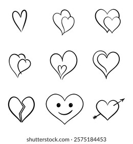 Vector heart illustrations set in line art style. Graphic monochrome drawing. Hand drawn heart outline sketch, ink illustration. Design element for wedding invitation, Valentines day, tattoo, logo