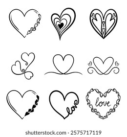 Vector heart illustrations set in line art style. Graphic monochrome drawing. Hand drawn heart outline sketch, ink illustration. Design element for wedding invitation, Valentines day, tattoo, logo