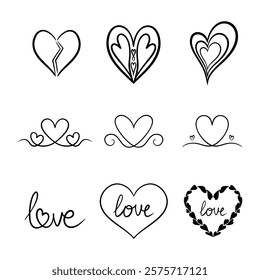 Vector heart illustrations set in line art style. Graphic monochrome drawing. Hand drawn heart outline sketch, ink illustration. Design element for wedding invitation, Valentines day, tattoo, logo