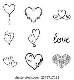 Vector heart illustrations set in line art style. Graphic monochrome drawing. Hand drawn heart outline sketch, ink illustration. Design element for wedding invitation, Valentines day, tattoo, logo