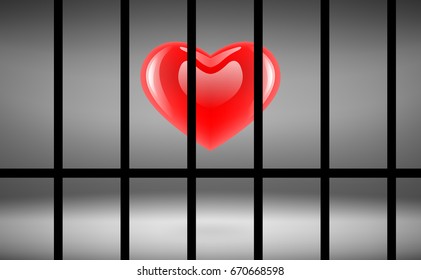 vector heart lack of freedom. glossy red heart shape in prison, illustration heart popular icon in jail. love concept