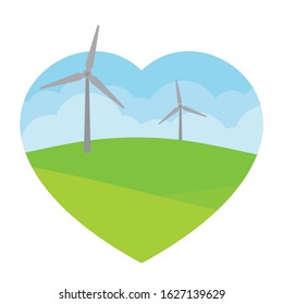 Vector heart with landscape with wind turbines. Isolated on white background.
