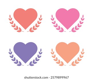 Vector Heart With Laurel Wreath Icon Set