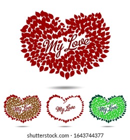 Vector heart with leaves. Red or any colors heart shaped leaves. Heart shape suitable for writing name. Heart shape for mothers day, vallentines day, wedding anniversary, nature or every lovers.
