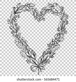 Vector Heart with leaves,berries and bow on a transparent background.Cute romantic design.Vintage style.Greeting card for Happy Birthday,Valentines day.Hand drawn floral composition shape of a hearts.