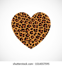 Vector Heart with leopard print isolated on white background. Modern animal fur fashion design element. Exotic wild African animal realistic skin into a heart. Love and Save Leopard concept. 