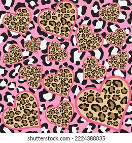 Vector heart with leopard print on pink leopard pattern. Suitable for textile prints.