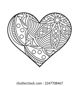 Vector heart linear illustration with floral pattern. Outline geometric and floral ornaments. Valentine's Day coloring page