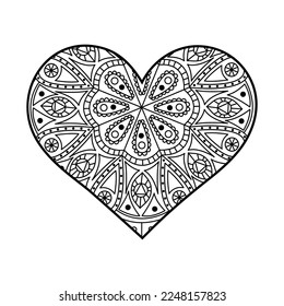 Vector heart linear illustration with floral pattern. Outline mandala ornaments. Valentine's Day coloring page