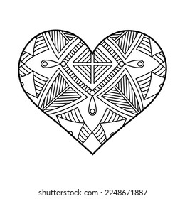 Vector heart linear illustration with geometric pattern. Outline mandala ornaments. Valentine's Day coloring page