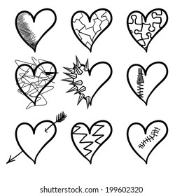 Vector heart. Logo heart. Icon heart. Broken heart. Wooden heart. Happy love. Unhappy love. Vector seamless pattern with hearts. Background with hearts. Modern heart