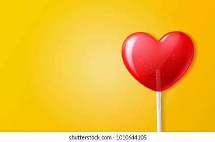 Vector heart lollipop candy 3d, happy valentine day invitation, greeting card, banner poster template orange background illustration sweet dessert stick. Romantic love sugar caramel celebration symbol