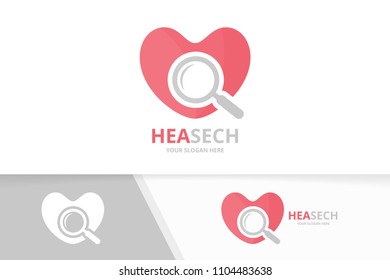 Vector heart and loupe logo combination. Love and magnifying symbol or icon. Unique romantic and search logotype design template.
