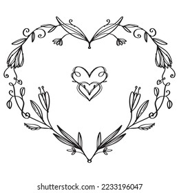 Vector heart of love with decorative flowers. Boho style. Outline. Simple lines. Black doodles on white. For a greeting card. St Valentine's Day.