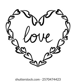 Vector heart and love illustration in line art style. Graphic monochrome drawing. Hand drawn heart outline sketch, ink illustration. Design element for wedding invitation, Valentines day, tattoo