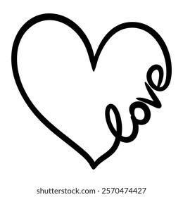 Vector heart and love illustration in line art style. Graphic monochrome drawing. Hand drawn heart outline sketch, ink illustration. Design element for wedding invitation, Valentines day, tattoo