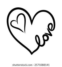 Vector heart and love illustration in line art style. Graphic monochrome drawing. Hand drawn heart outline sketch, ink illustration. Design element for wedding invitation, Valentines day, tattoo