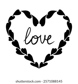 Vector heart and love illustration in line art style. Graphic monochrome drawing. Hand drawn heart outline sketch, ink illustration. Design element for wedding invitation, Valentines day, tattoo