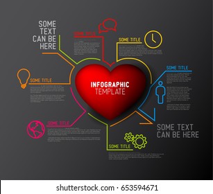 Vector heart / love Infographic report template made from lines and icons - dark version