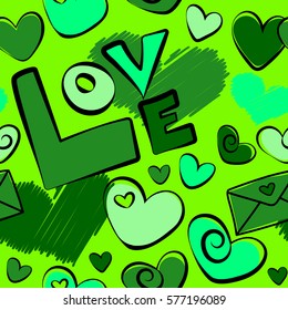 Vector heart, love letter and text seamless pattern. Valentines day background in green colors. Abstract love seamless pattern.