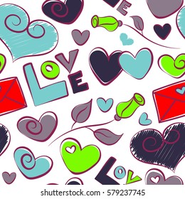 Vector heart, love letter and text seamless pattern. Valentines day background in purple, violet and red colors. Abstract love seamless pattern on a white background.