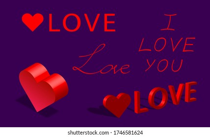 Vektor Herz, Liebesset, I love you letting, isometrisches Herz, 3D Rendering, Liebe Kalligraphie Sammlung isoliert auf violettem Hintergrund,