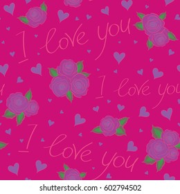Vector heart and love stylized background. Seamless pattern of many hearts, flower, love text and letter. Hand-drawn elements on a magenta background.
