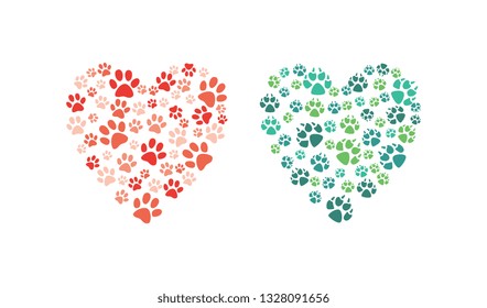 Vector heart made of animal paw footprint. Love animals and save environment concept decoration element. Dogs, cat abstract feet symbols. Isolated illustration