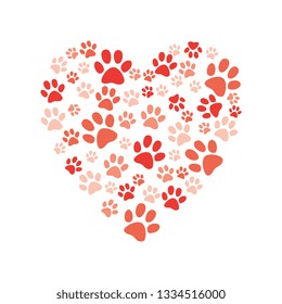 Vector heart made of animal paw footprint. Love animals and save environment concept decoration element. Dogs, cat abstract feet symbols. Isolated illustration