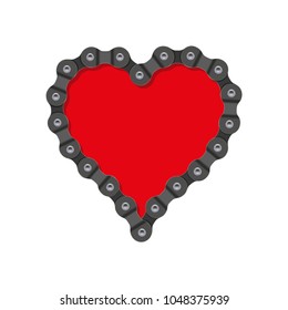 Vector Heart Made of Bike or Bicycle Chain. Realistic Detailed Bike Chain. Red Heart Background.