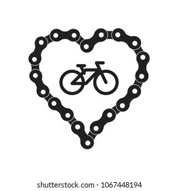 Vector Heart Made of Bike or Bicycle Chain. Flat Monochrome Bike Chain. Black Heart Silhouette plus Bicycle Sample Icon.