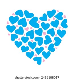 Vector heart made of blue and pink hearts on white background.