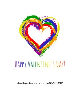 Vector heart made up of  brush stroke. The heart is painted in the colors of the rainbow. Greeting card Happy Valentine's Day.