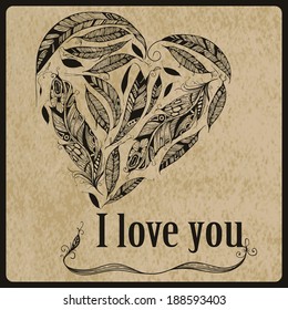 Vector Heart made of  Feathers with "I love you" standart AI font Birch std,  Native American Indian Style