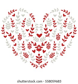 Vector heart made from flowers, branches and leaves in nordic style