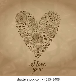 Vector heart made of flowers. Doodle Heart. Valentines day card