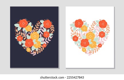 Vector heart made of flowers on a dark and white background