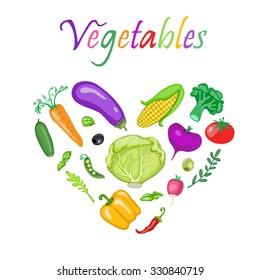 Vector heart made of fresh vegetables for your design.Useful and dietary products.Bright and colorful lettering.