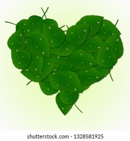 Vector heart made of green leaves and dew drops.