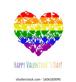 Vector heart made up of hand prints. The heart is painted in the colors of the rainbow. Greeting card Happy Valentine's Day.